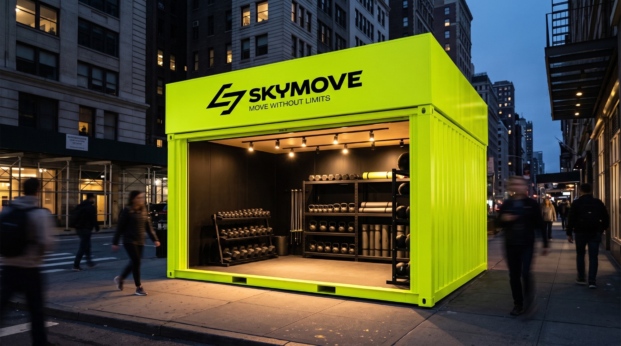 SkyMove: a lime container pop-up store with the logo, on a city street at dusk